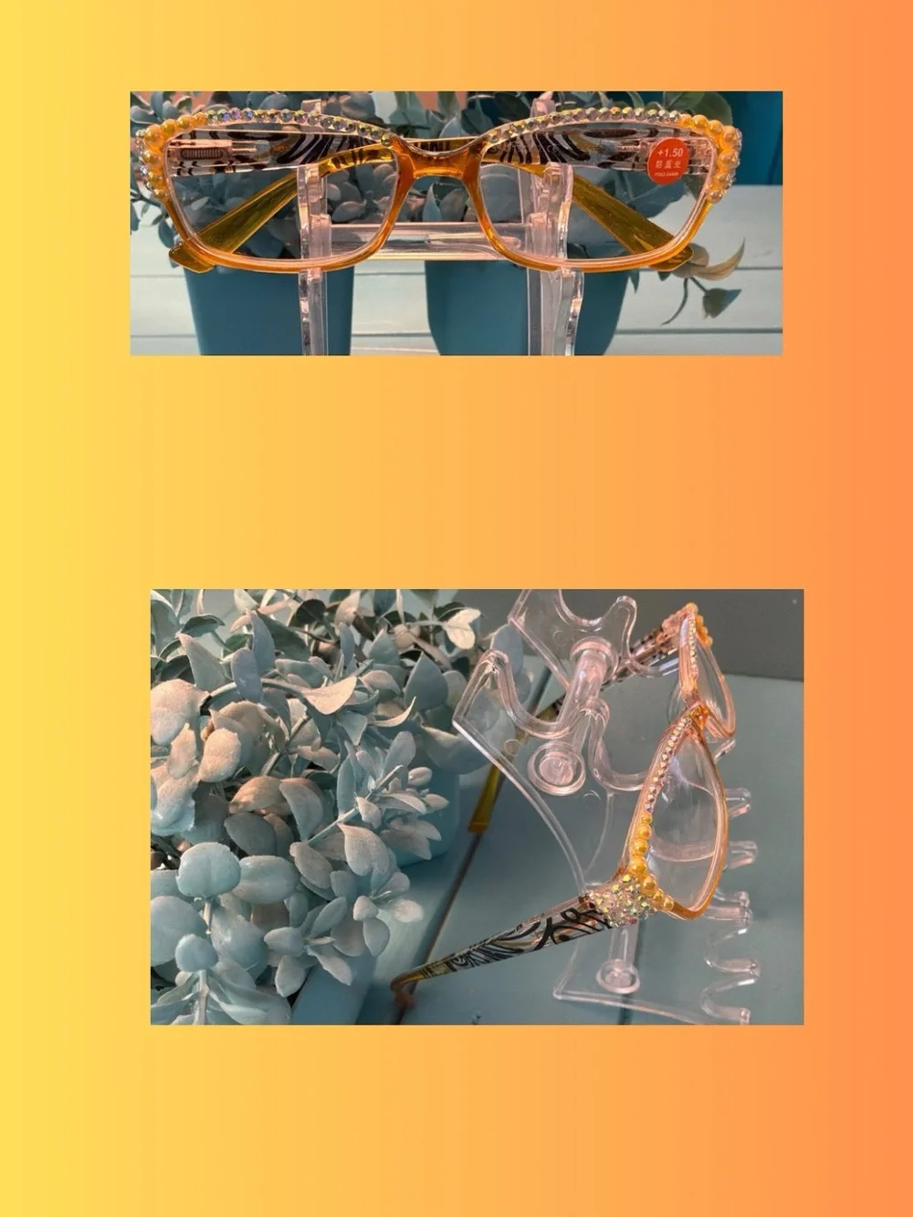 Handmade Crystal-Embellished Reading (+1.50) Glasses - Yellow